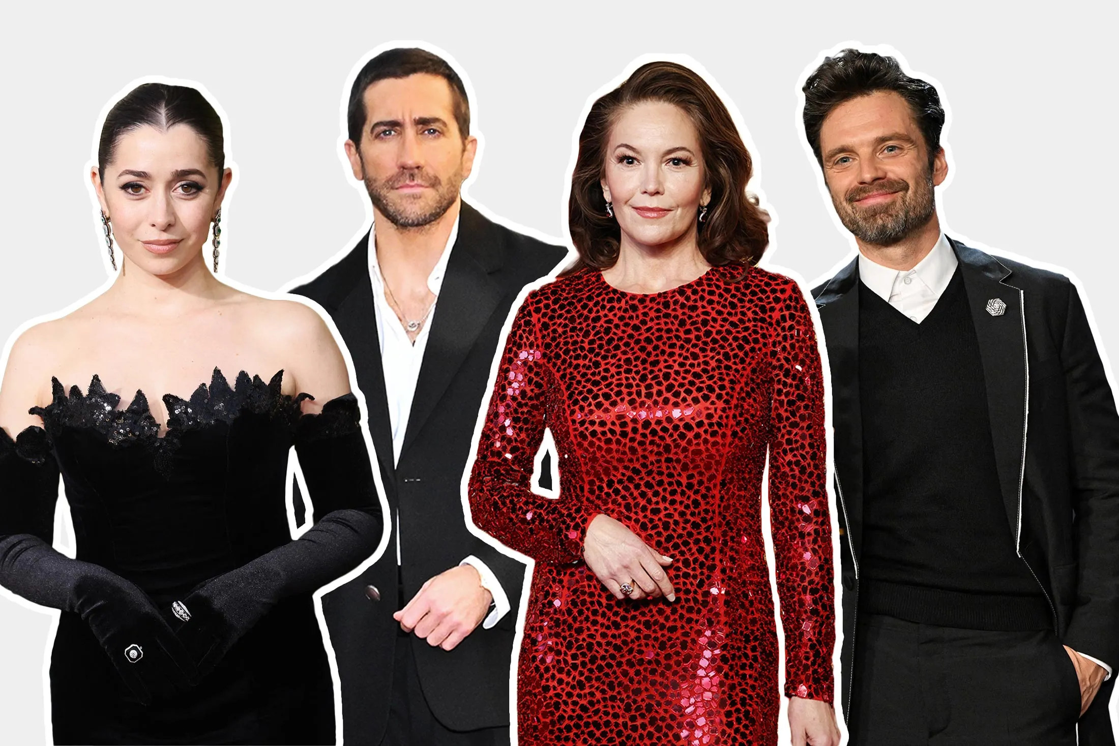 From left: Cristin Milioti (styled by Bailey Moon), Jake Gyllenhaal (styled by Michael Fisher), Diane Lane (Moon’s client) and Sebastian Stan (Fisher’s Oscar-nominated client).