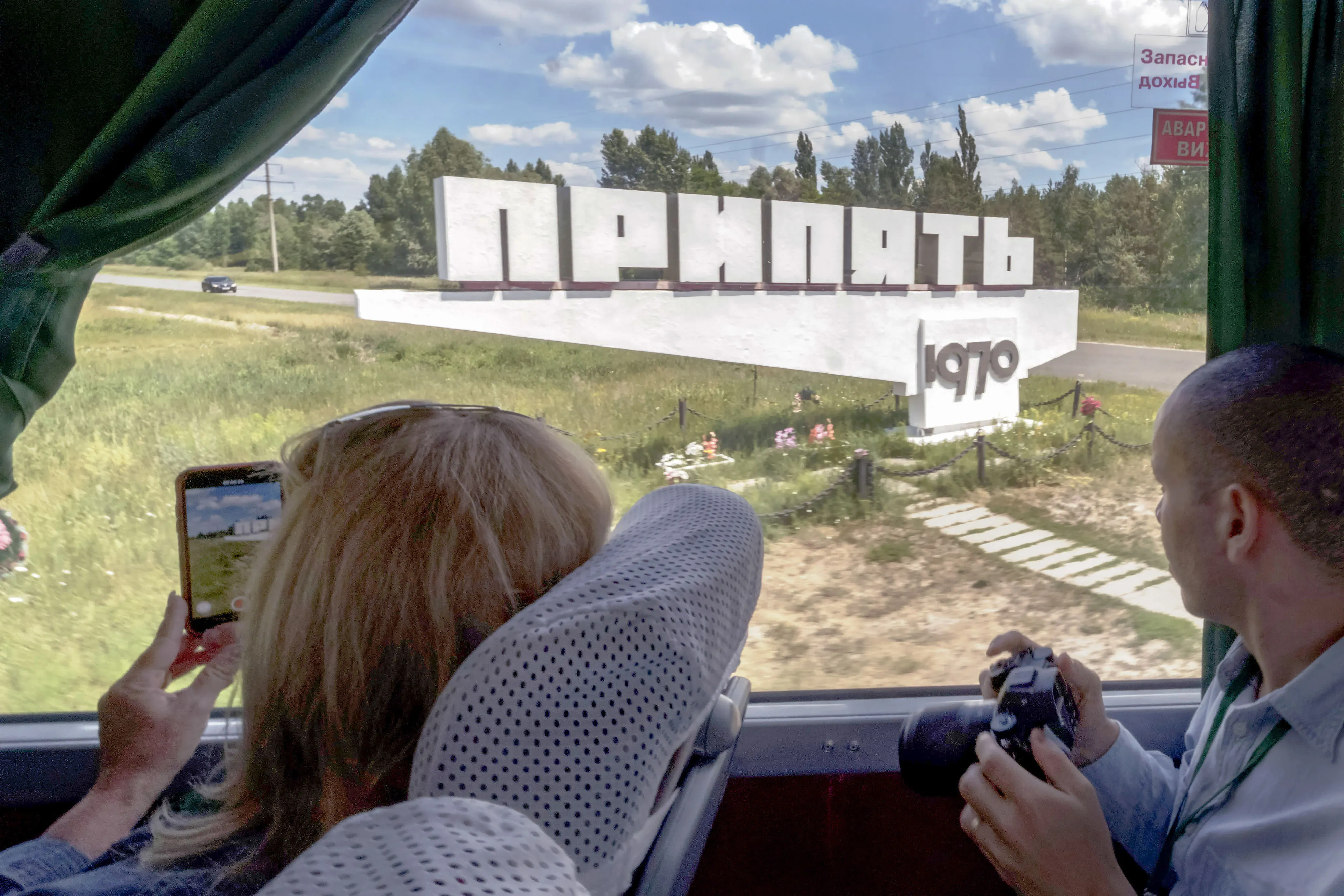 The Chornobyl-Tour bus arrives at the abandoned Soviet city of Pripyat on June 18.
