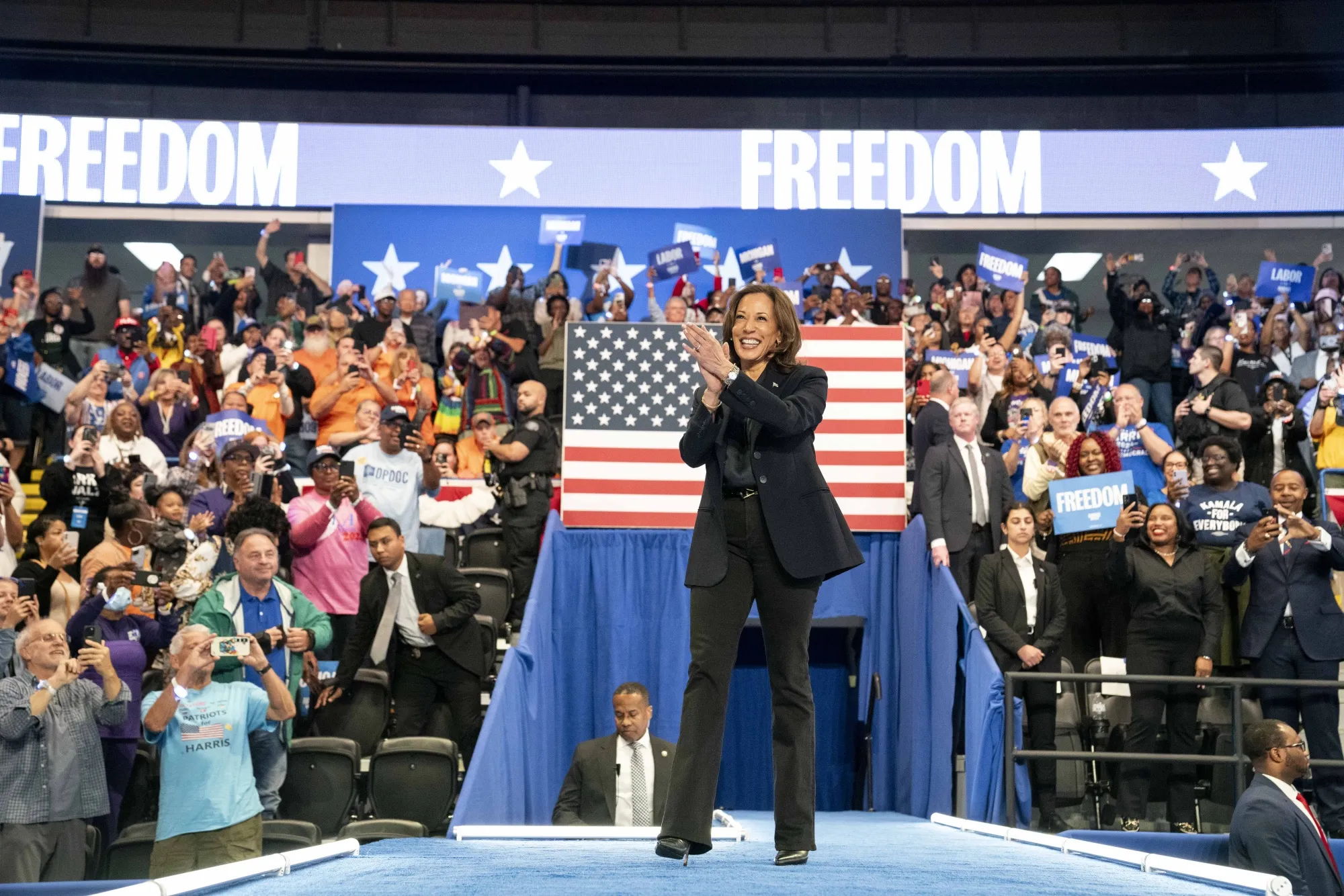 Kamala Harris arrives for a campaign event in Flint, Michigan.