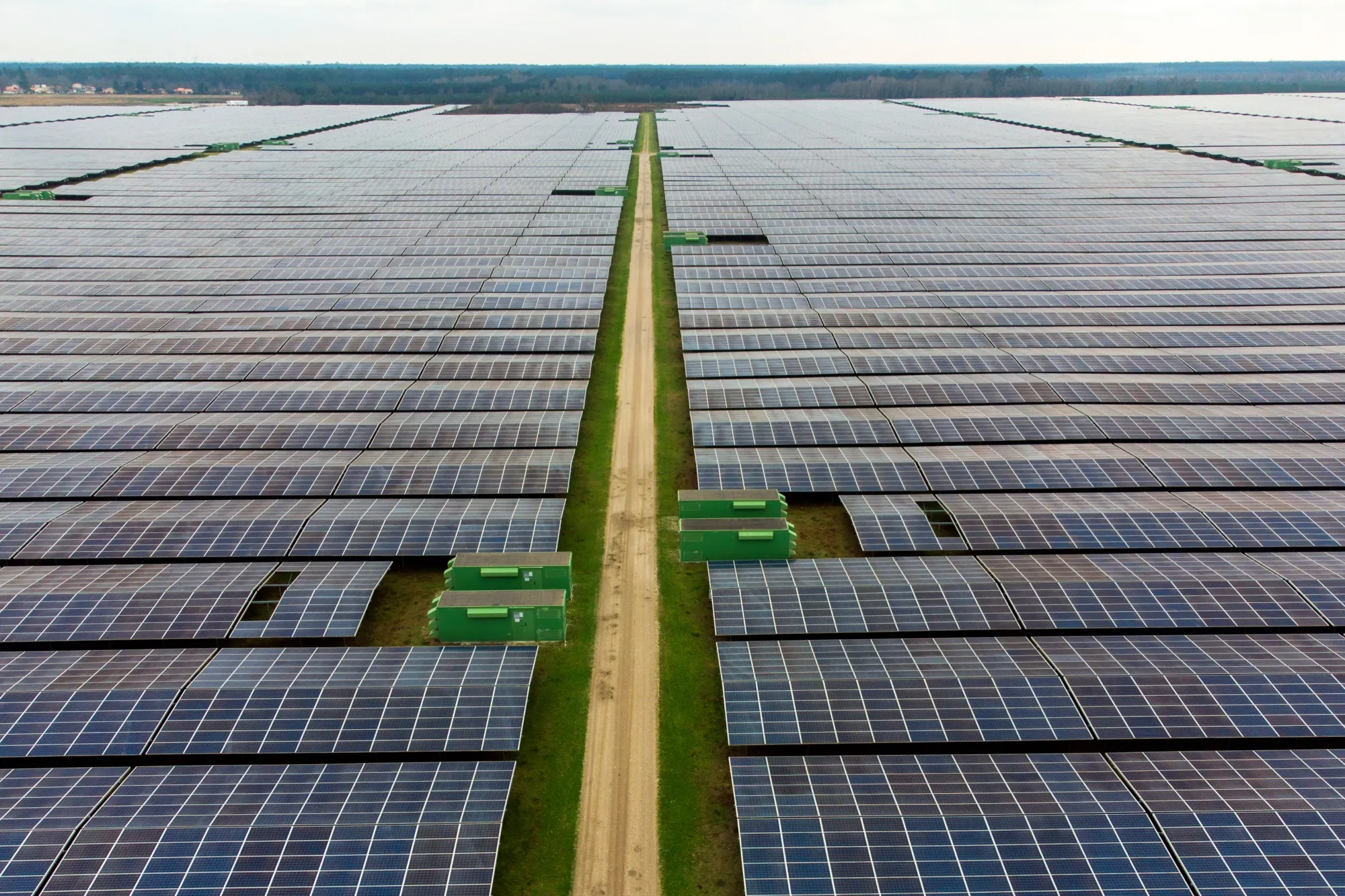 Arrays of photovoltaic panels and inverter stations at the Cestas Solar Park&nbsp;in Cestas, France.