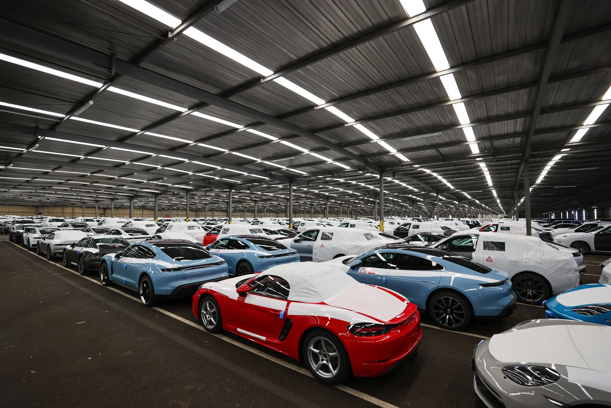 Porsche AG automobiles for export in Bremerhaven, Germany.
