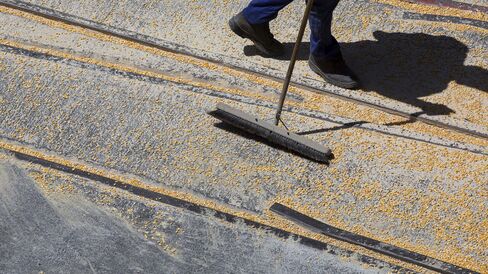A dock worker sweeps up corn in Cape Town.