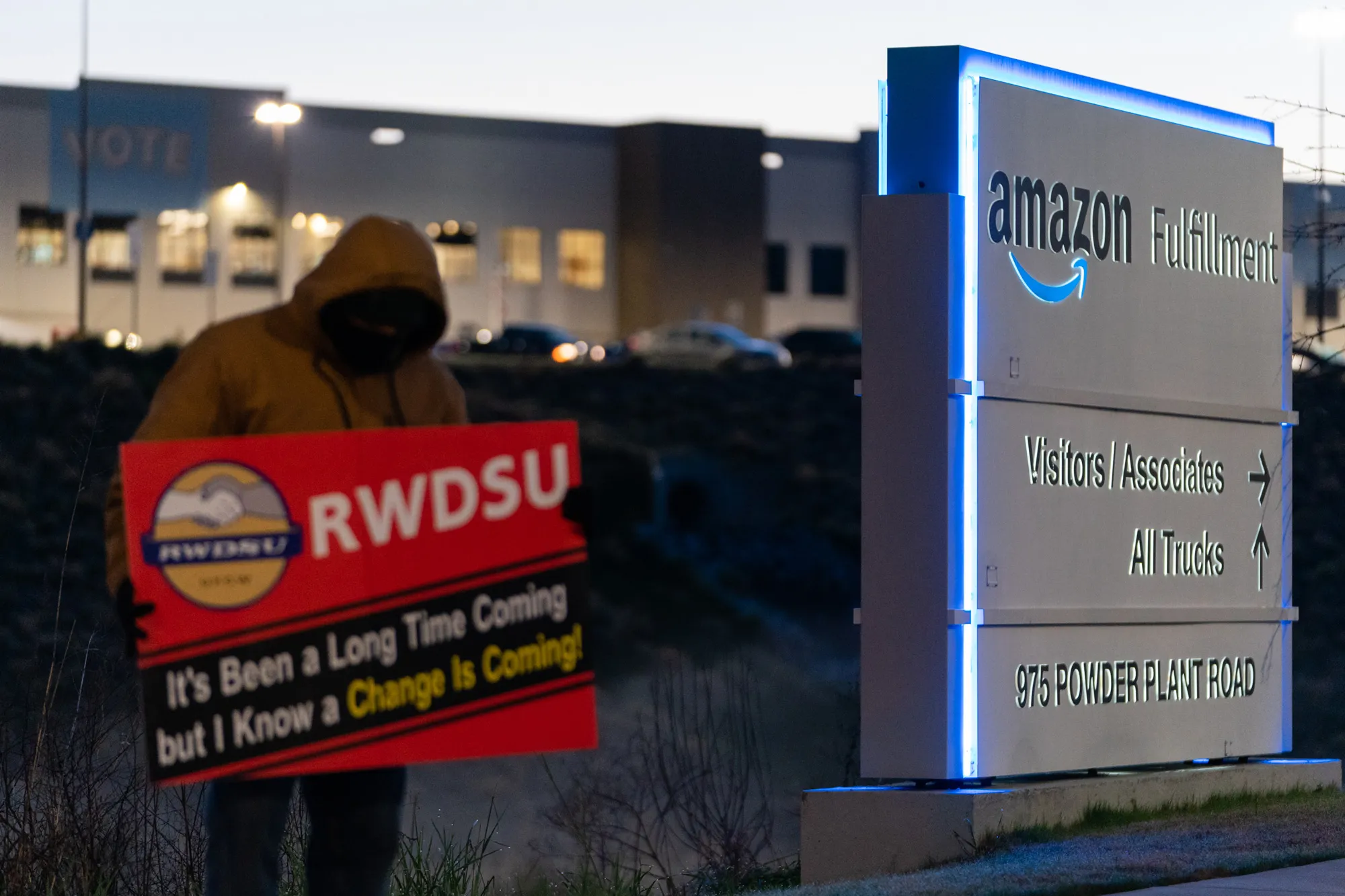 A union representative outside Amazon’s fulfillment center in Bessemer, Alabama, in March.