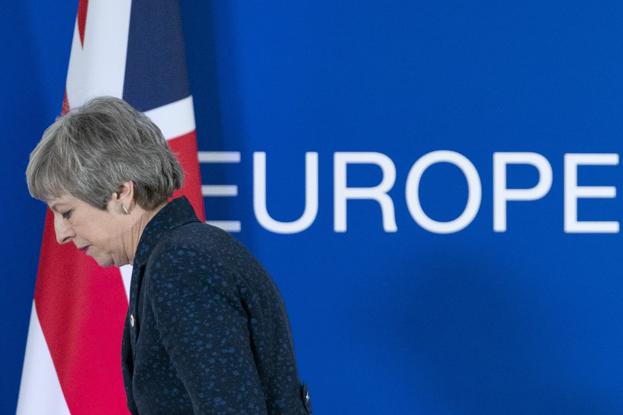 Theresa May&nbsp;leaves after a news conference at a European Union&nbsp;leaders summit in Brussels, on&nbsp;March 22, 2019.&nbsp;