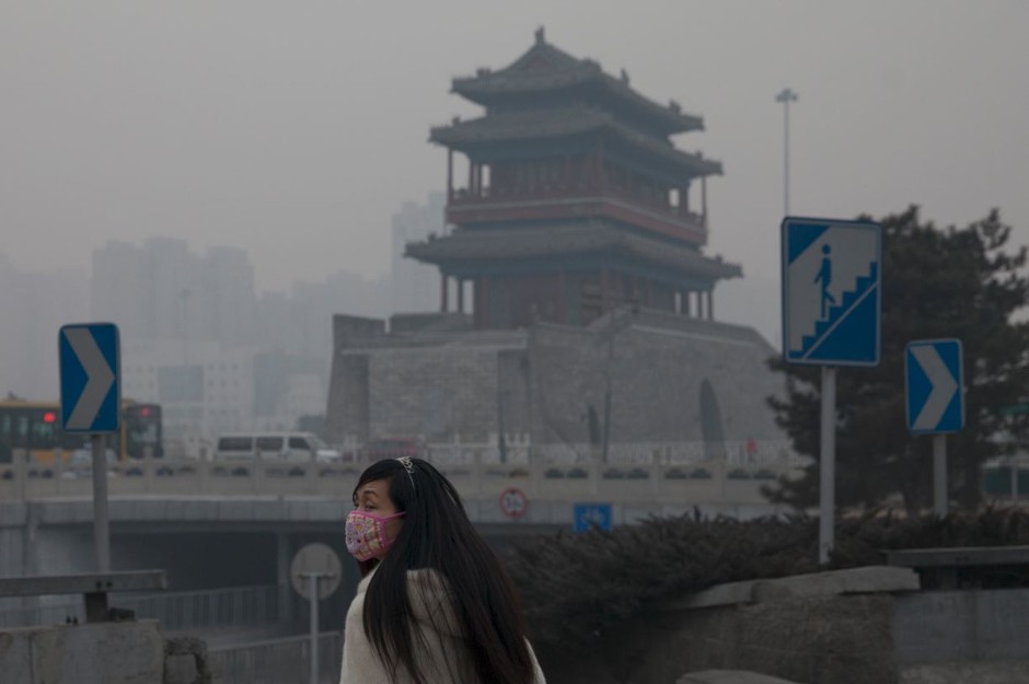 Smog blankets Beijing in February 2014.