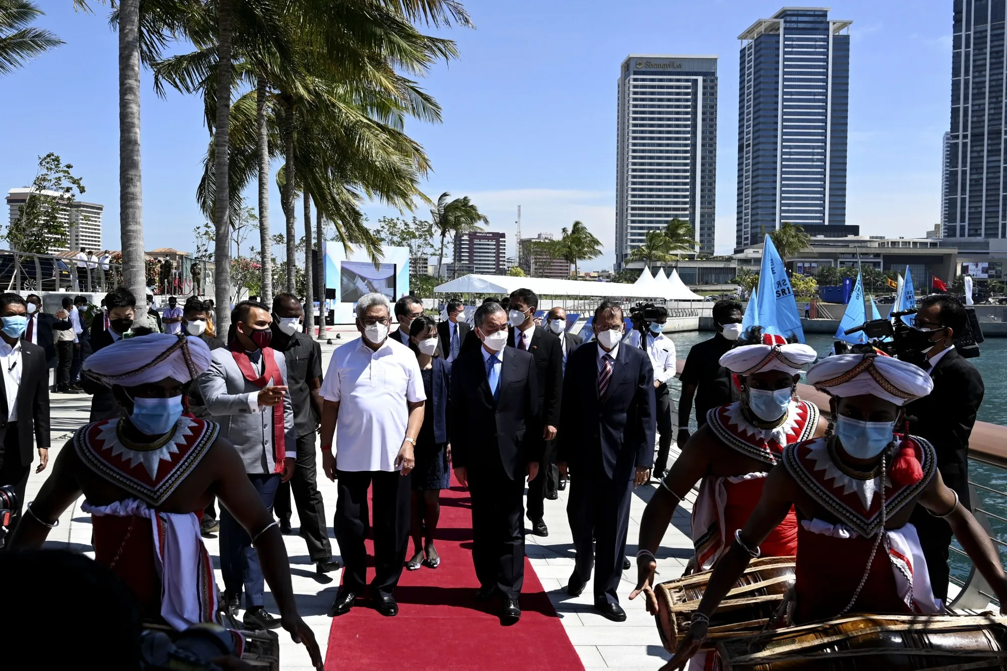 Wang Yi with Gotabaya Rajapaksa during a visit to Colombo Port city project, in Sri Lanka on Jan. 9.