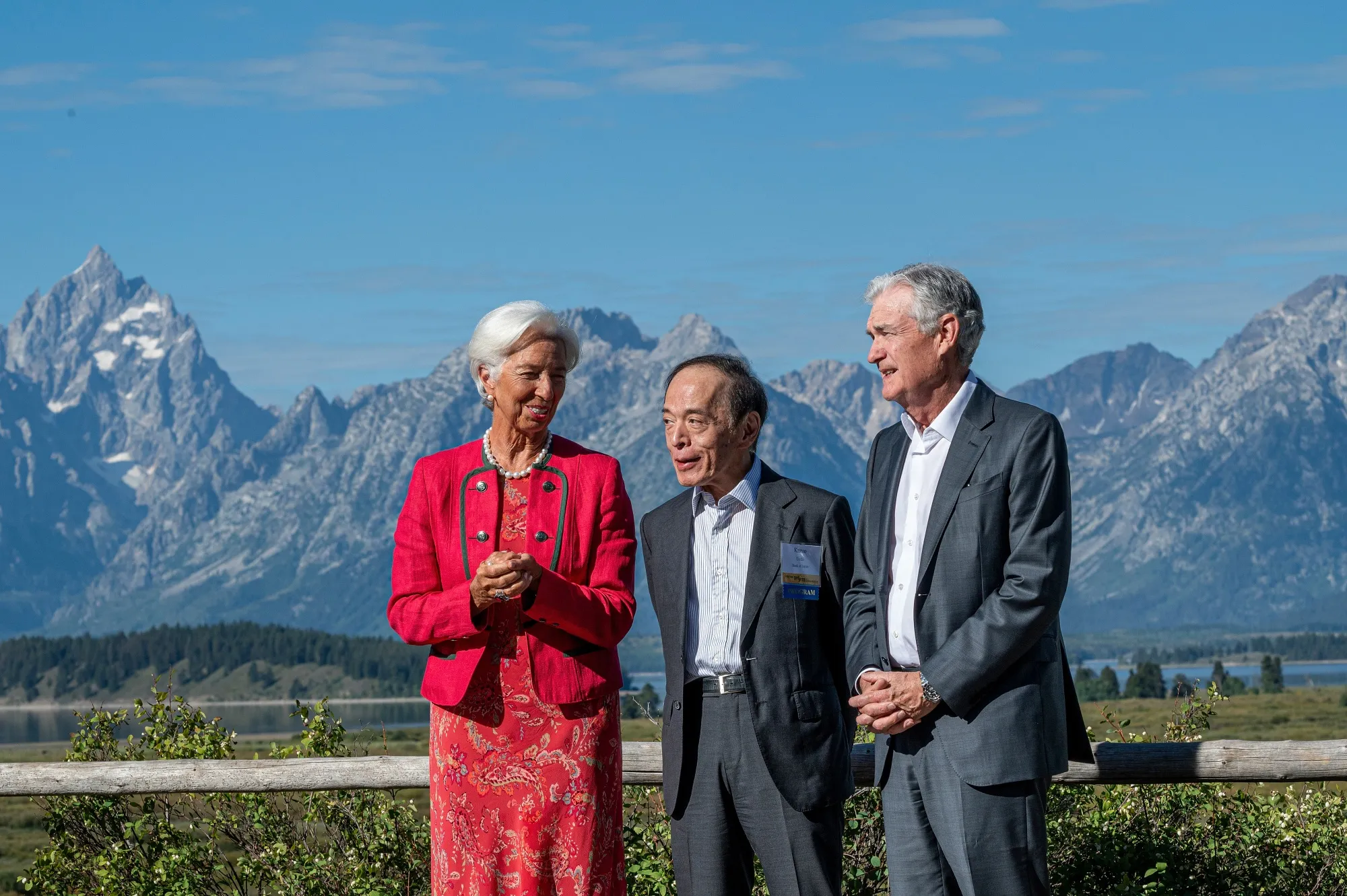 Christine Lagarde, Kazuo Ueda and Jerome Powell at the Jackson Hole economic symposium in Moran, Wyoming, on&nbsp;Aug. 25.