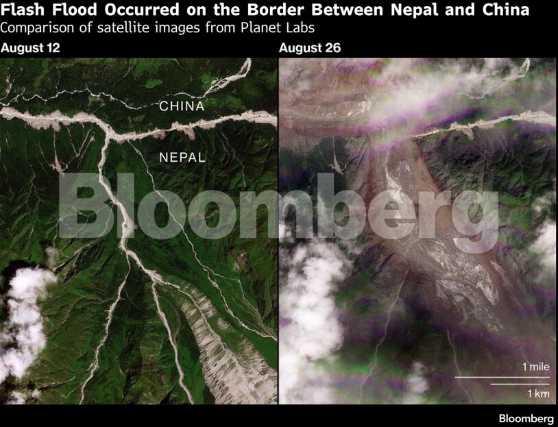 Flash Flood Occurred on the Border Between Nepal and China | Comparison of satellite images from Planet Labs