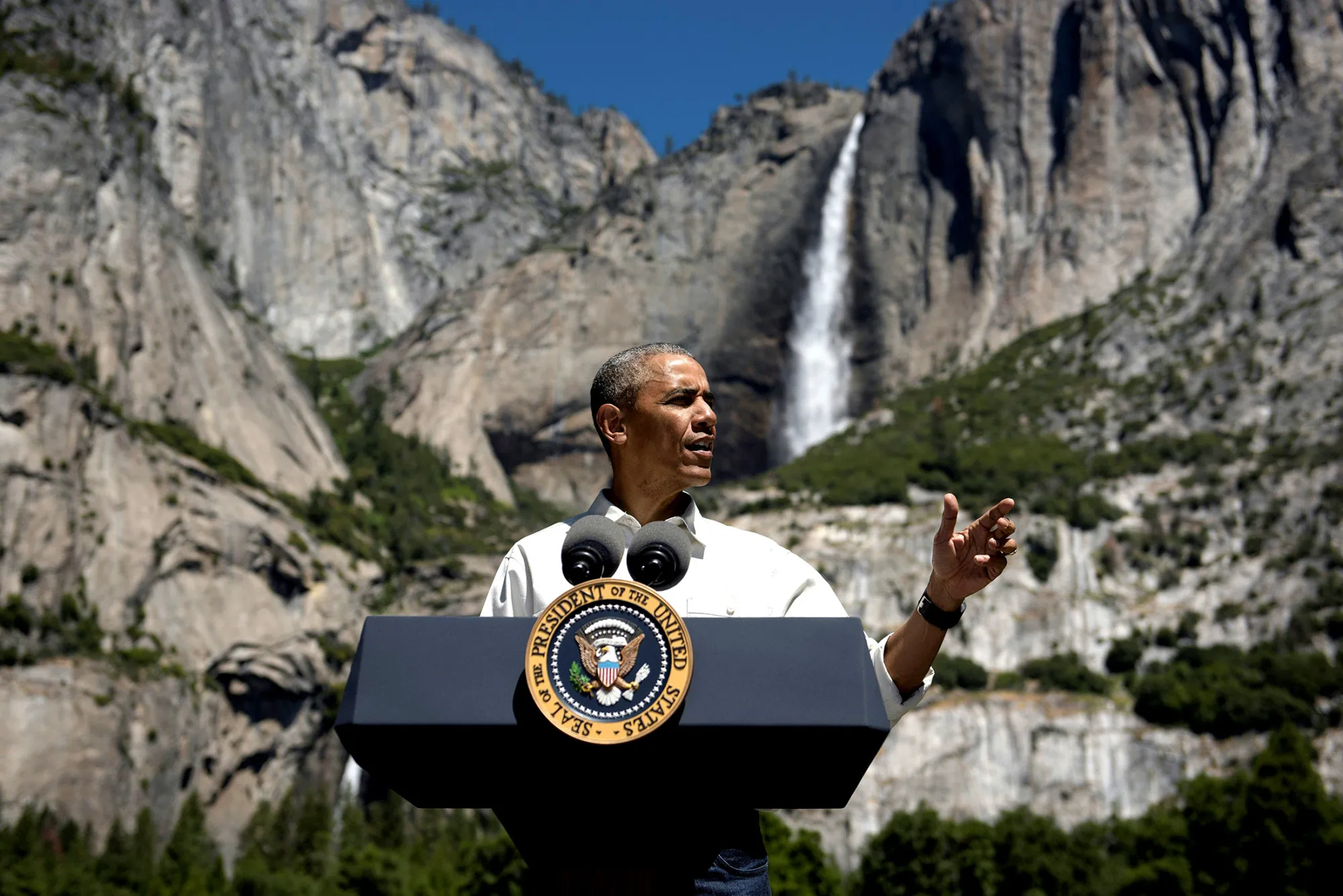 President Obama speaks while celebrating the 100th anniversary of the U.S. National Parks system at Yosemite National Park, California, on June 18, 2016.
