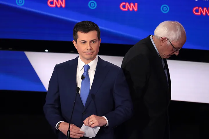 Pete Buttigieg and Bernie Sanders during the Democratic presidential primary debate at Drake University in Des Moines, Iowa, on Jan.&nbsp; 14.