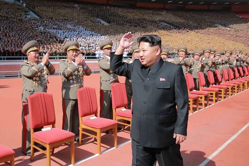 Leader of the Democratic People's Republic of Korea Kim Jong Un at the military parade celebrating the 70th anniversary of the ruling Workers' Party of Korea in Pyongyang last year.