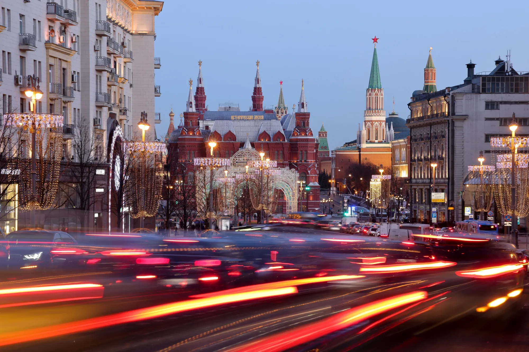 Traffic on Tverskaya Street by the State Historical Museum in Moscow, Russia.