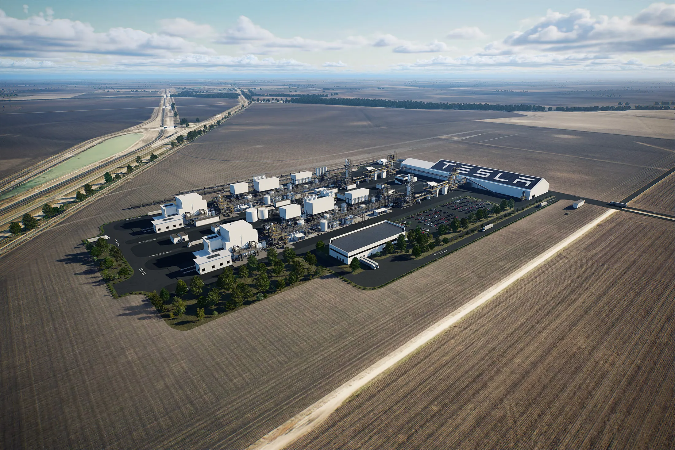 A rendering of Tesla’s in-house lithium refinery in&nbsp;Robstown, Texas.