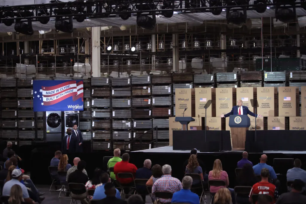 President Donald Trump speaks to workers at a Whirlpool factory in Clyde, Ohio.