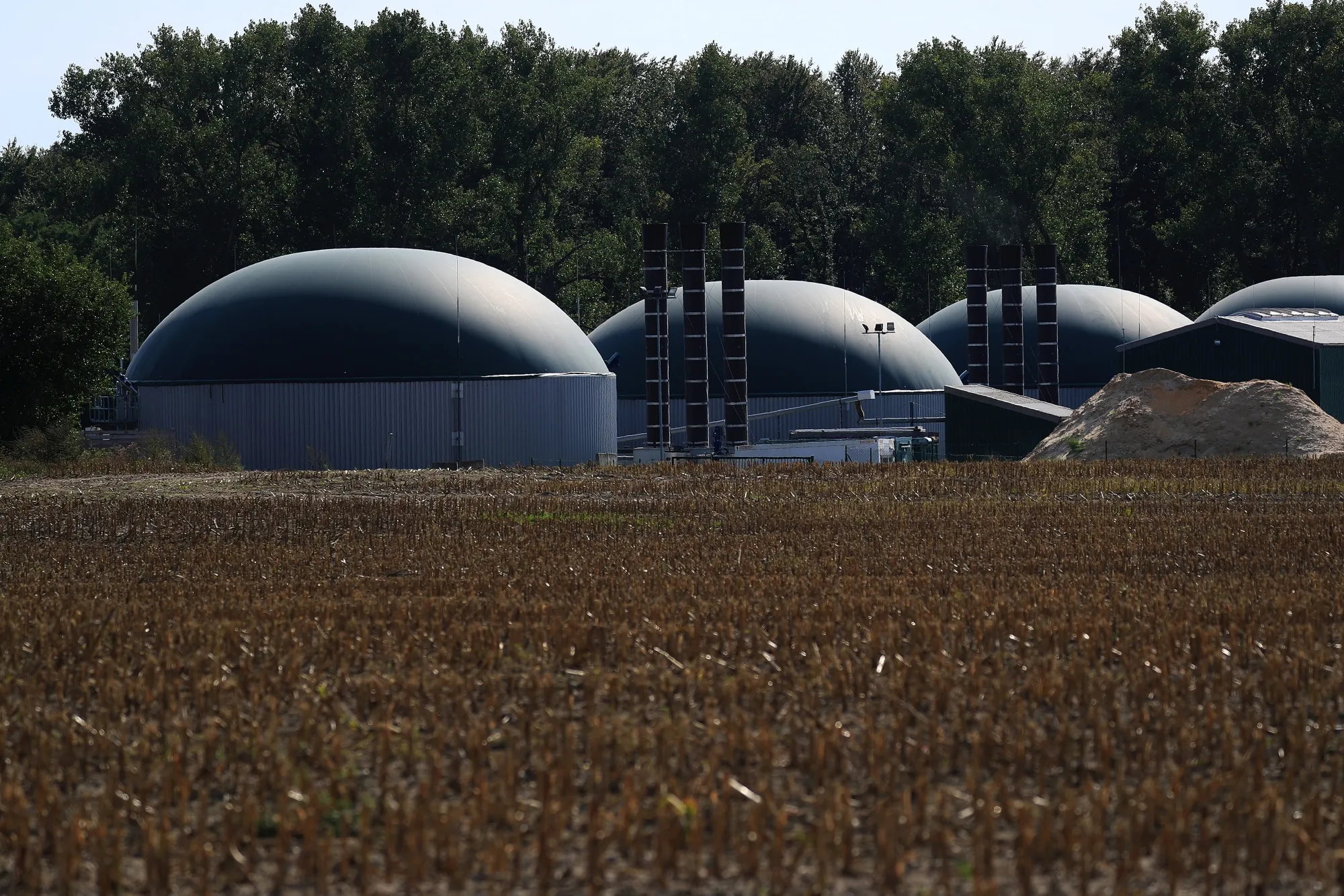Processing domes stand at a biogas plant, operated by E.ON SE, in Sembten, Germany.