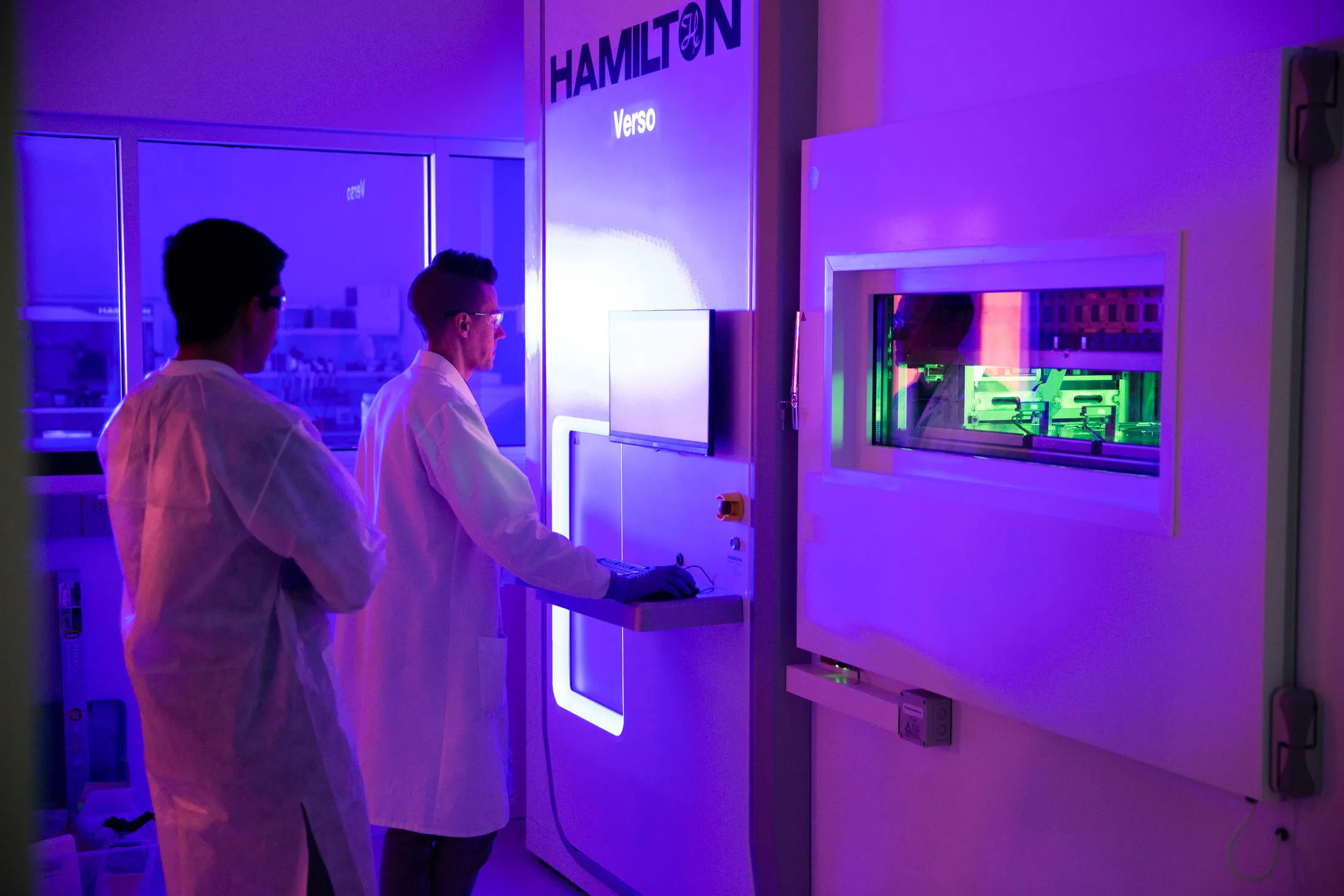 Senior Automation Scientist Adam Murray operates Recursion Pharmaceuticals’ automated compound management system. This compound storage system houses over hundreds of thousands of drug candidates that Recursion tests in disease models on a weekly basis.