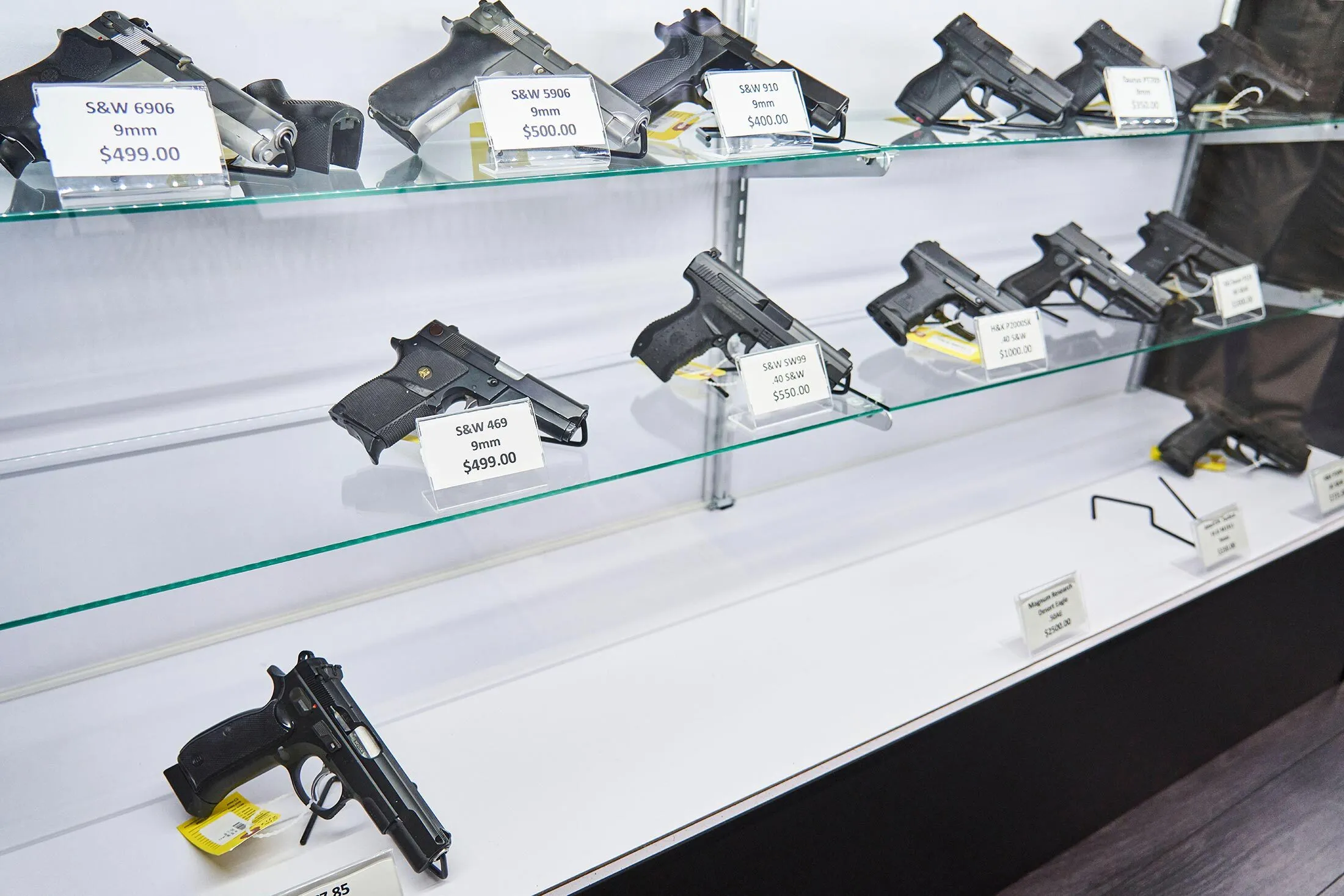 Handguns on picked-over gun-store shelves in&nbsp;Rockville, Md.