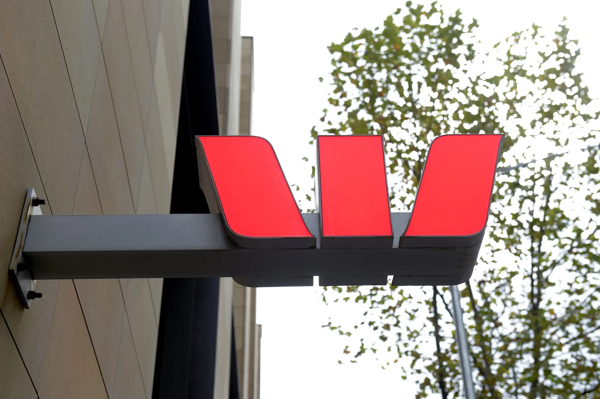 A Westpac Banking Corp. logo attached to the facade of the bank's head office in Melbourne, Victoria