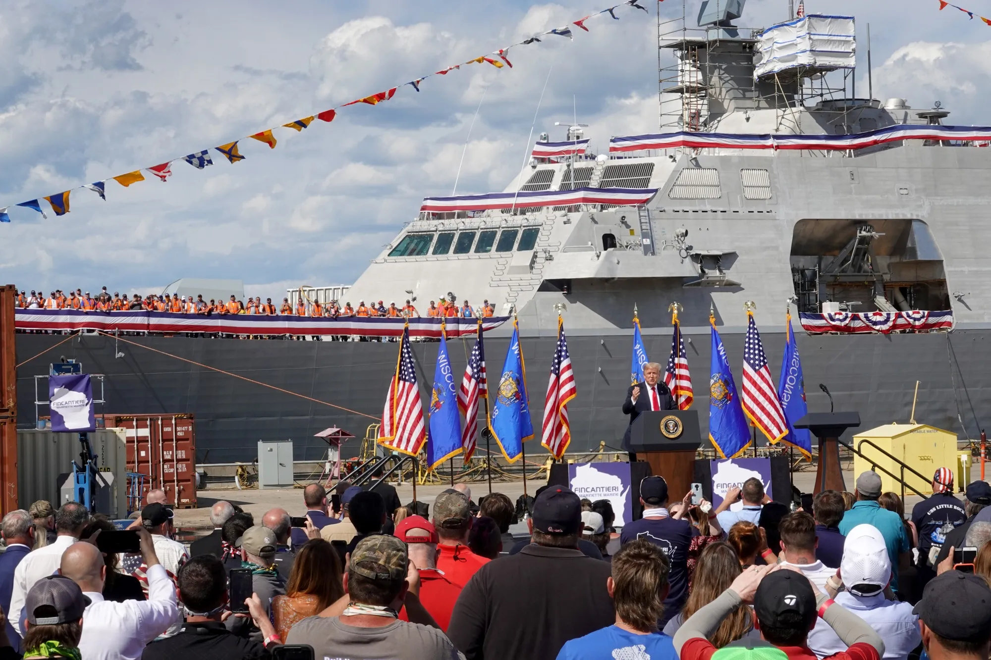 Trump speaks to workers during a visit to the Fincantieri Marinette Marine shipyard in Marinette, Wisconsin, in 2020. 