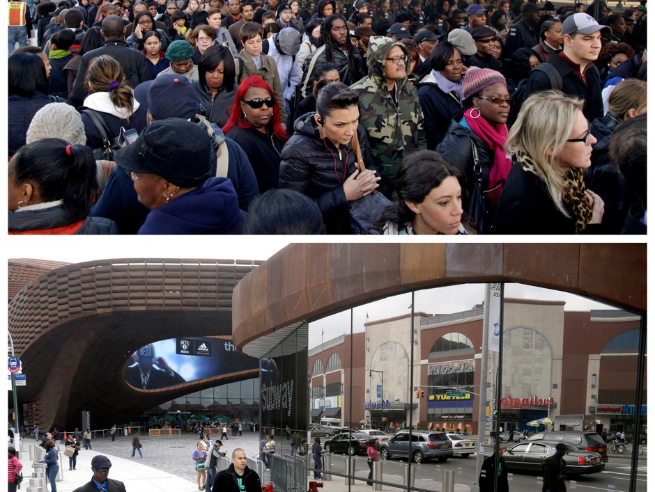 From AP: This combination of Thursday, Nov. 1, 2012 and Thursday, Oct. 17, 2013 photos shows commuters in a line which stretched twice around the arena waiting to board buses into Manhattan in front of the Barclays Center in Brooklyn, New York and the site nearly a year later. 