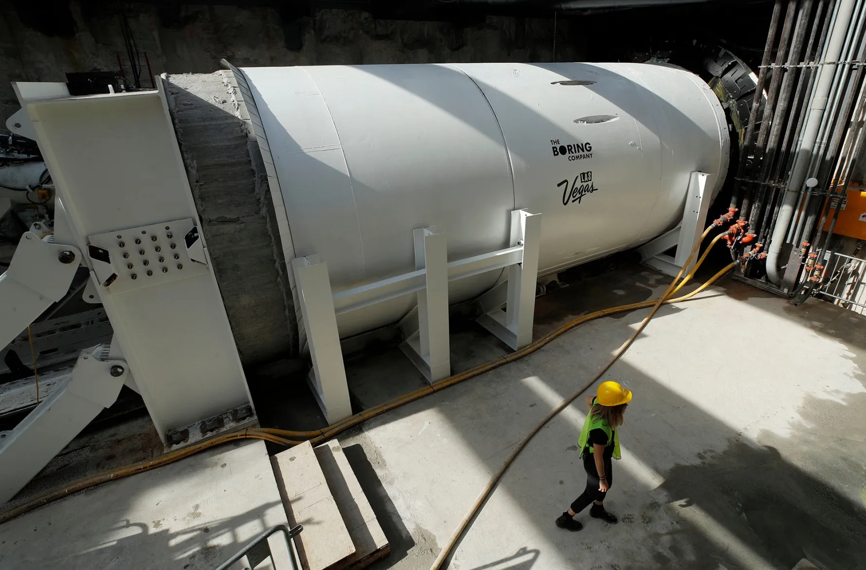 A tunnel boring machine sits at the bottom of a construction site during a media tour at the Las Vegas Convention Center in 2019.
