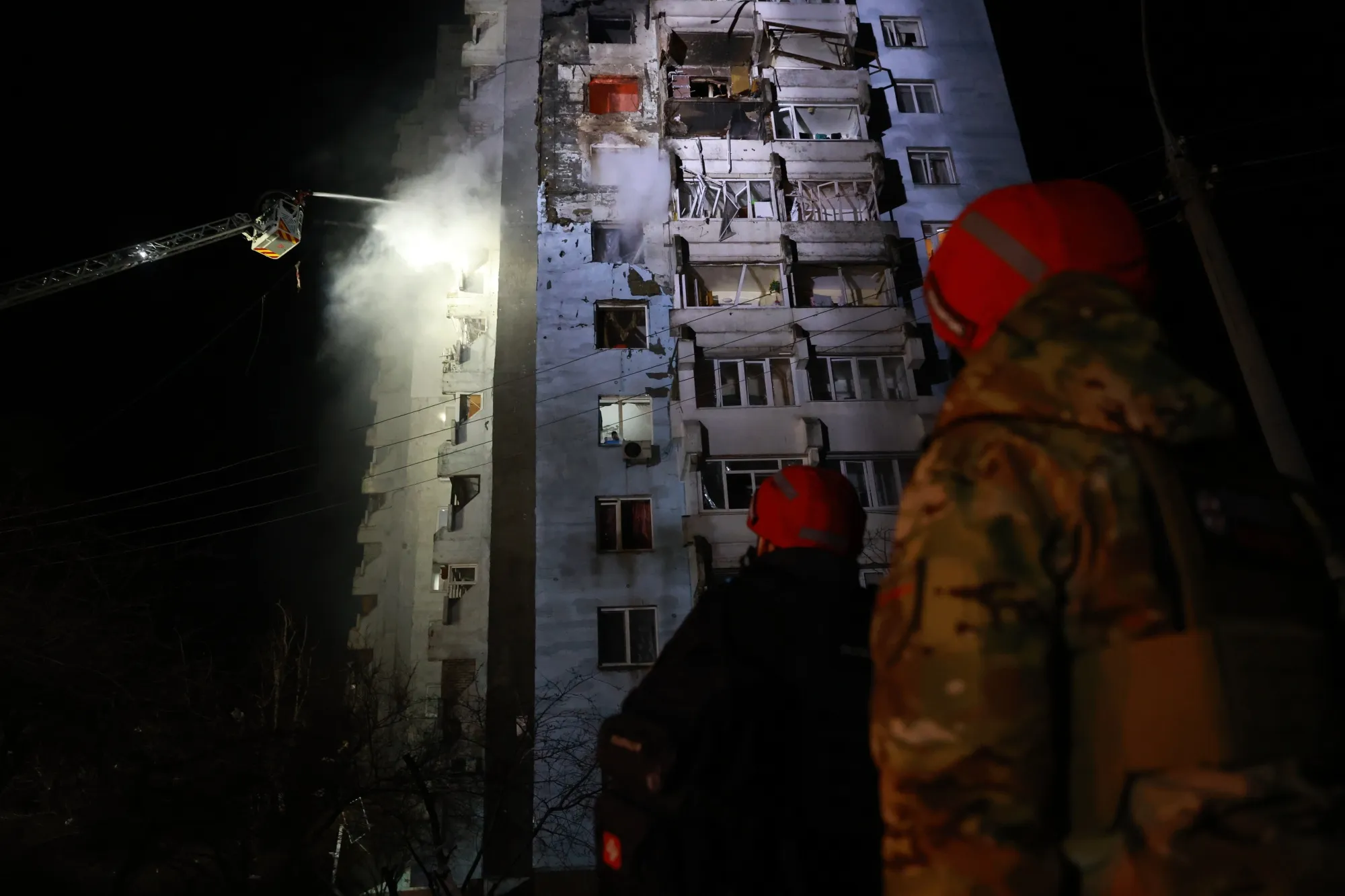 Rescue workers tackle a blaze following a Russian drone attack on Zaporizhzhia, Ukraine, on March 24.