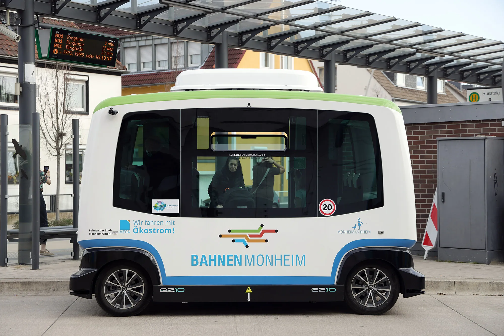 An almost fully autonomous electric mini bus drives through the streets between bus station and the old town in Monheim, Germany.&nbsp;