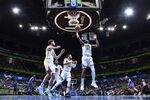 Andrew Wiggins of the Golden State Warriors rebounds the ball during a game against the Orlando Magic.