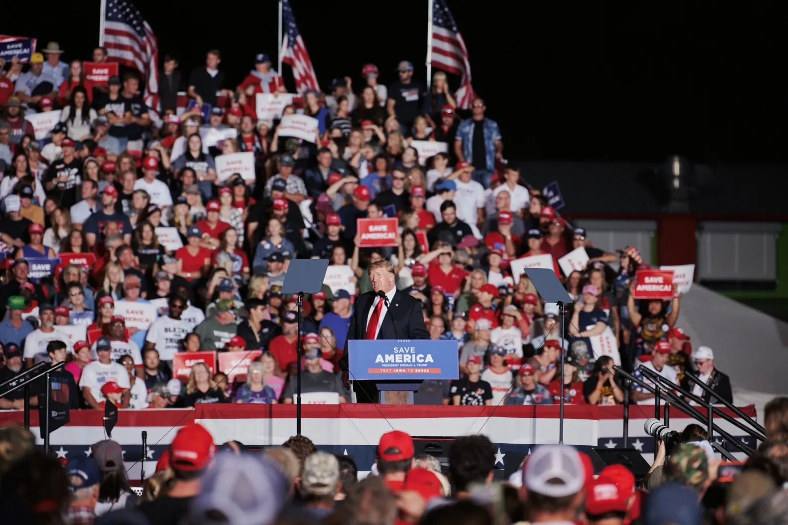 Former U.S. President Donald Trump speaks during a Save America rally at the Iowa State Fairgrounds in Des Moines, Iowa, on&nbsp;Oct. 9.