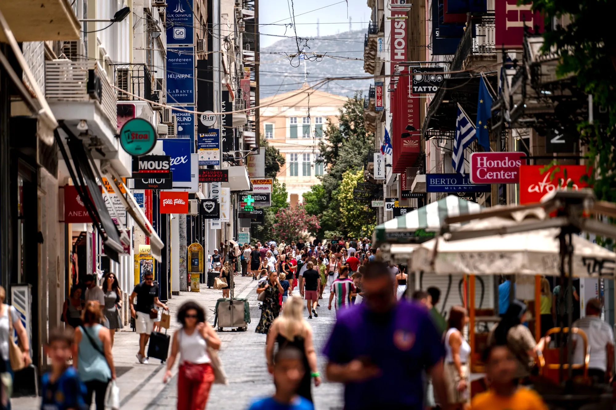 A busy shopping street in Athens.