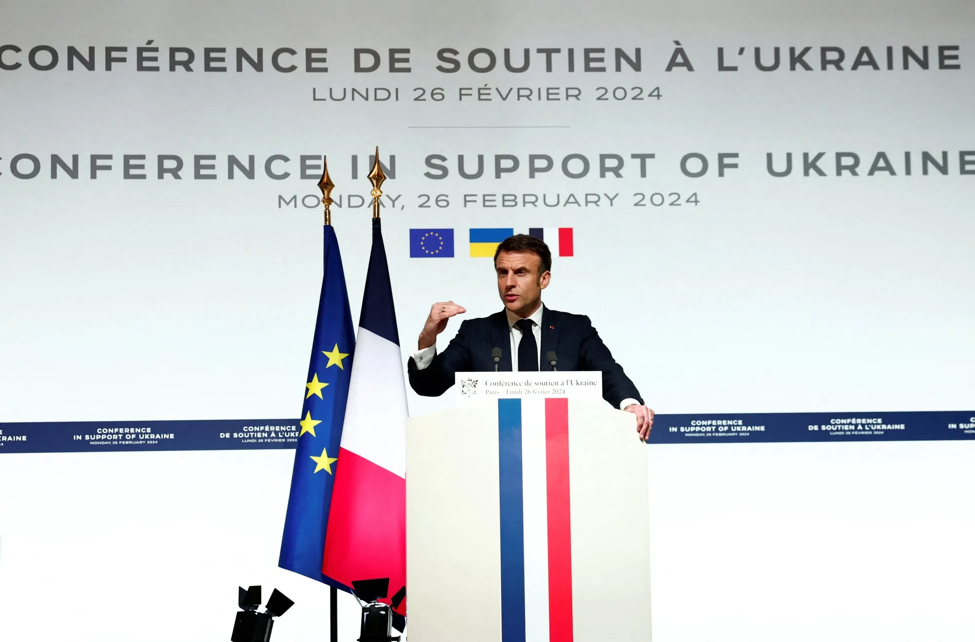 French President Emmanuel Macron speaks at the end of the international conference aimed at strengthening Western support for Ukraine.