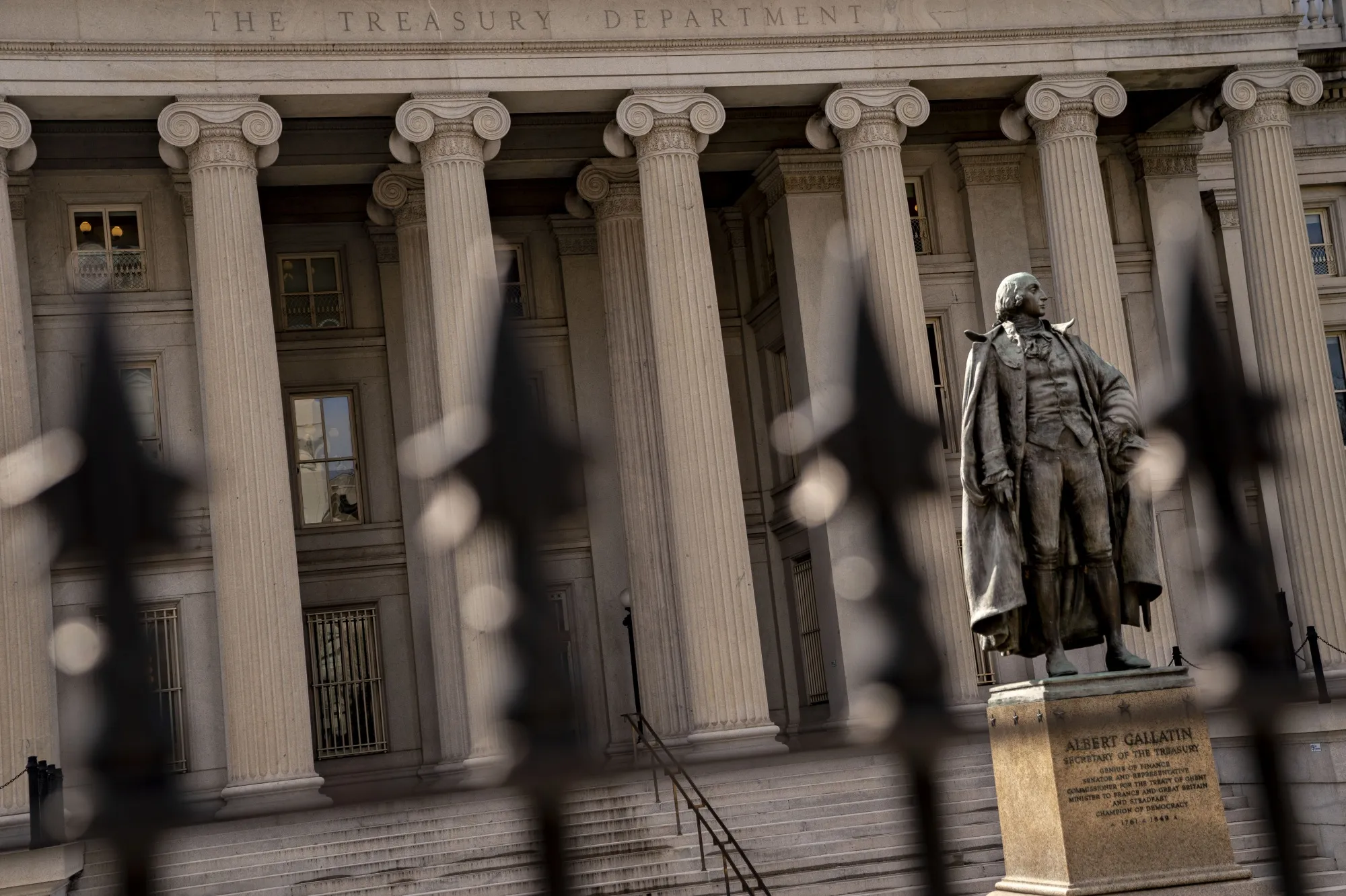 A statue of Albert Gallatin, former U.S. Treasury secretary, stands outside the Treasury building in Washington, D.C.