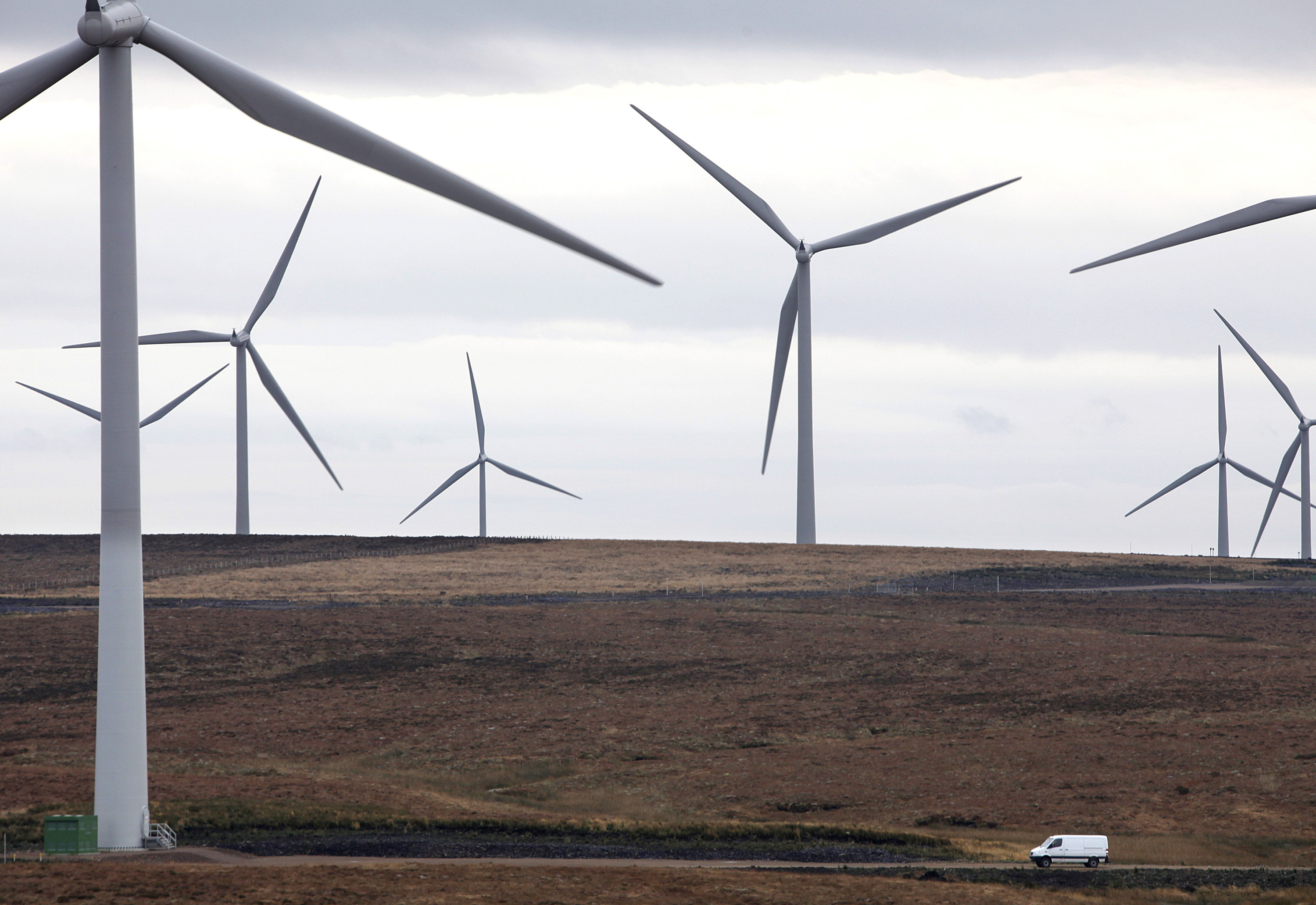 Wind turbines on a wind farm near Glasgow, Scotland.