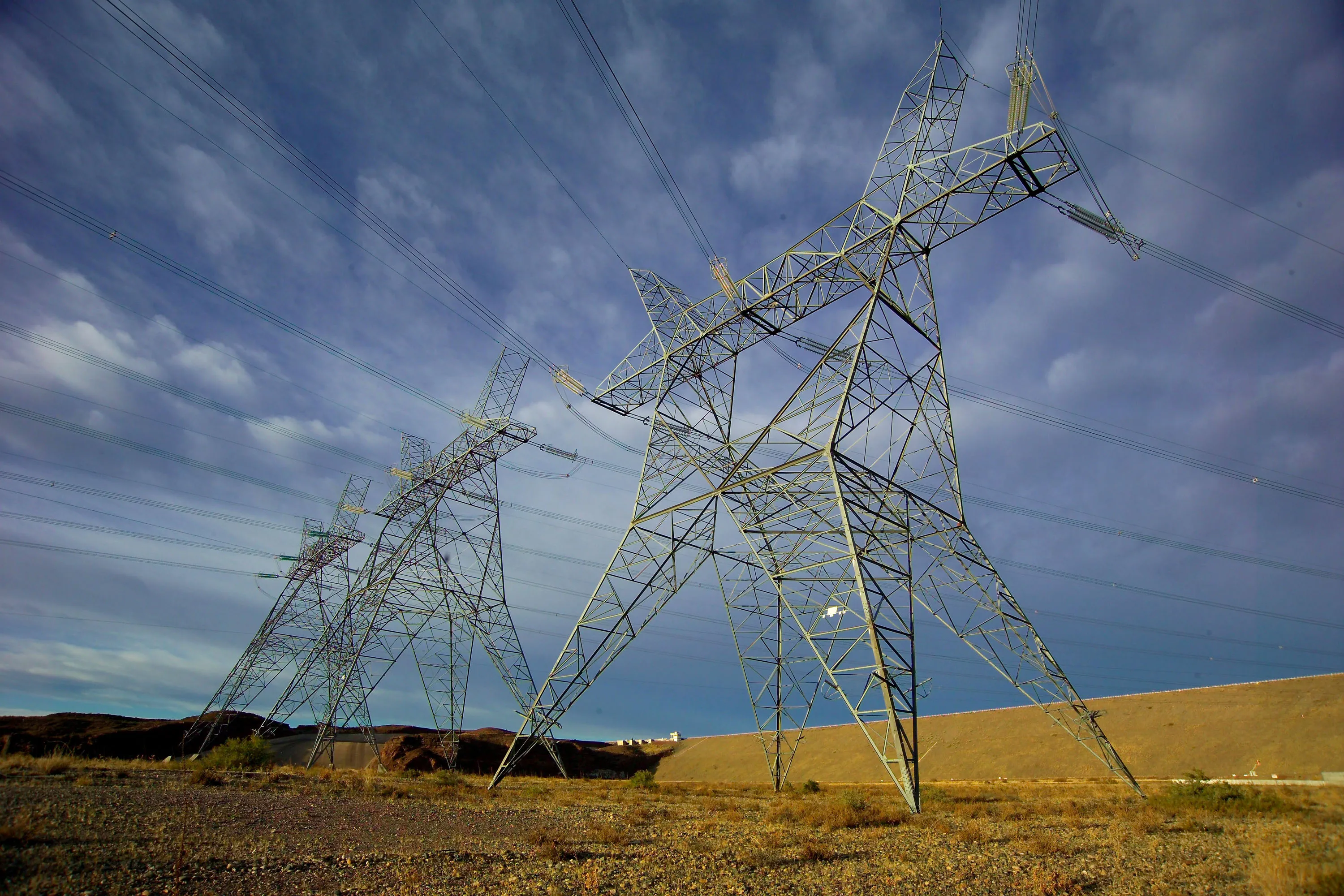 Electric transmission towers&nbsp;near El Chocon,&nbsp;Argentina.