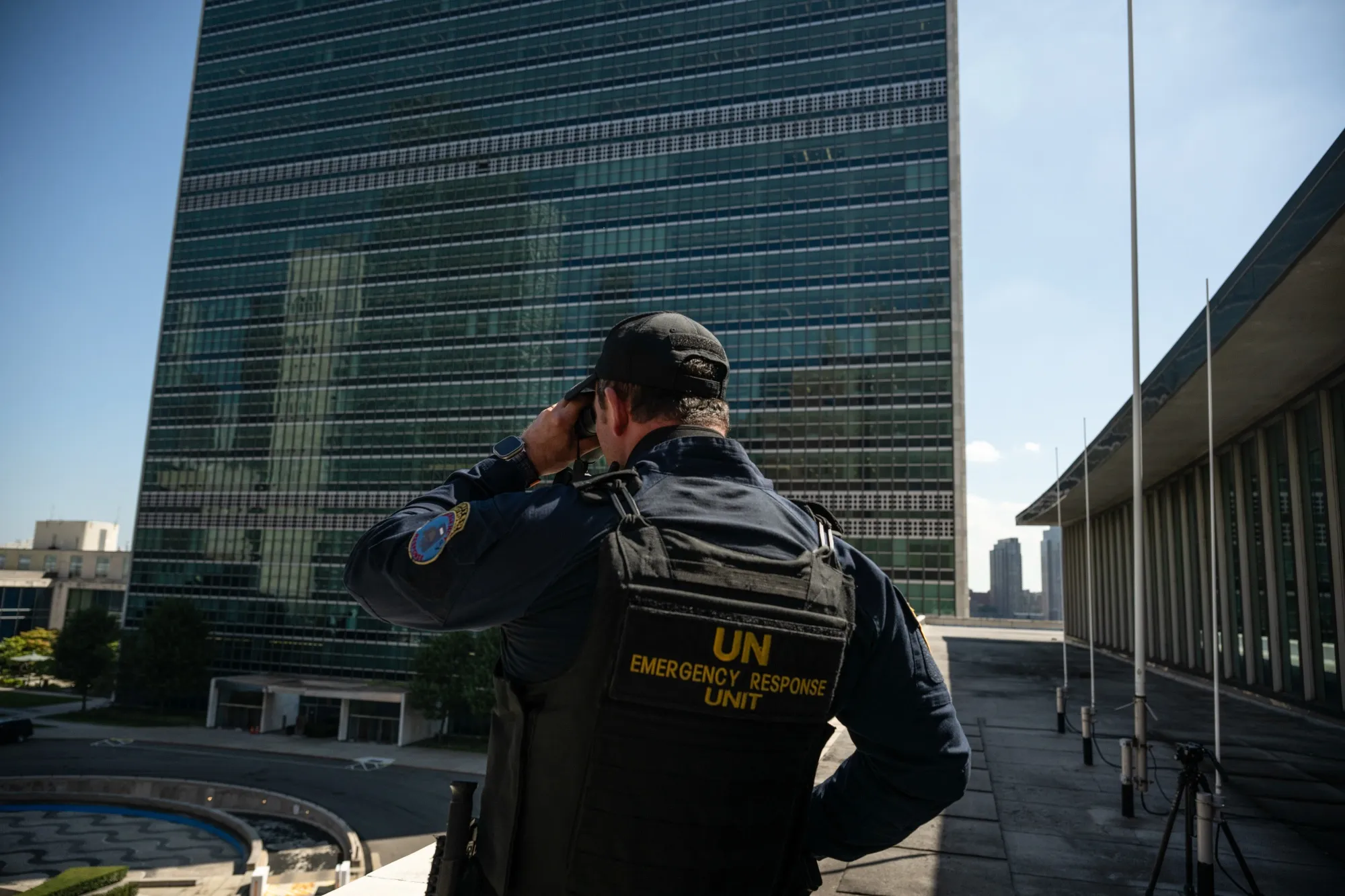 An officer with the UN Emergency Response Unit at the United Nations headquarters in New York.