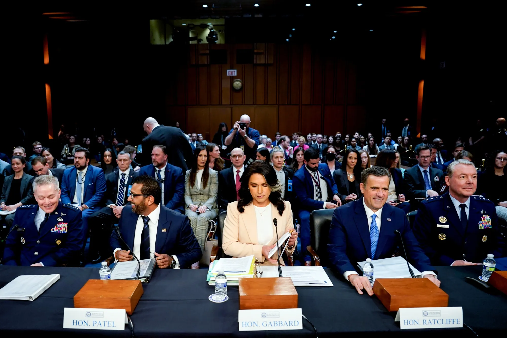 Tulsi Gabbard, center,&nbsp;joins other top officials at last year’s Senate hearing on worldwide threats.