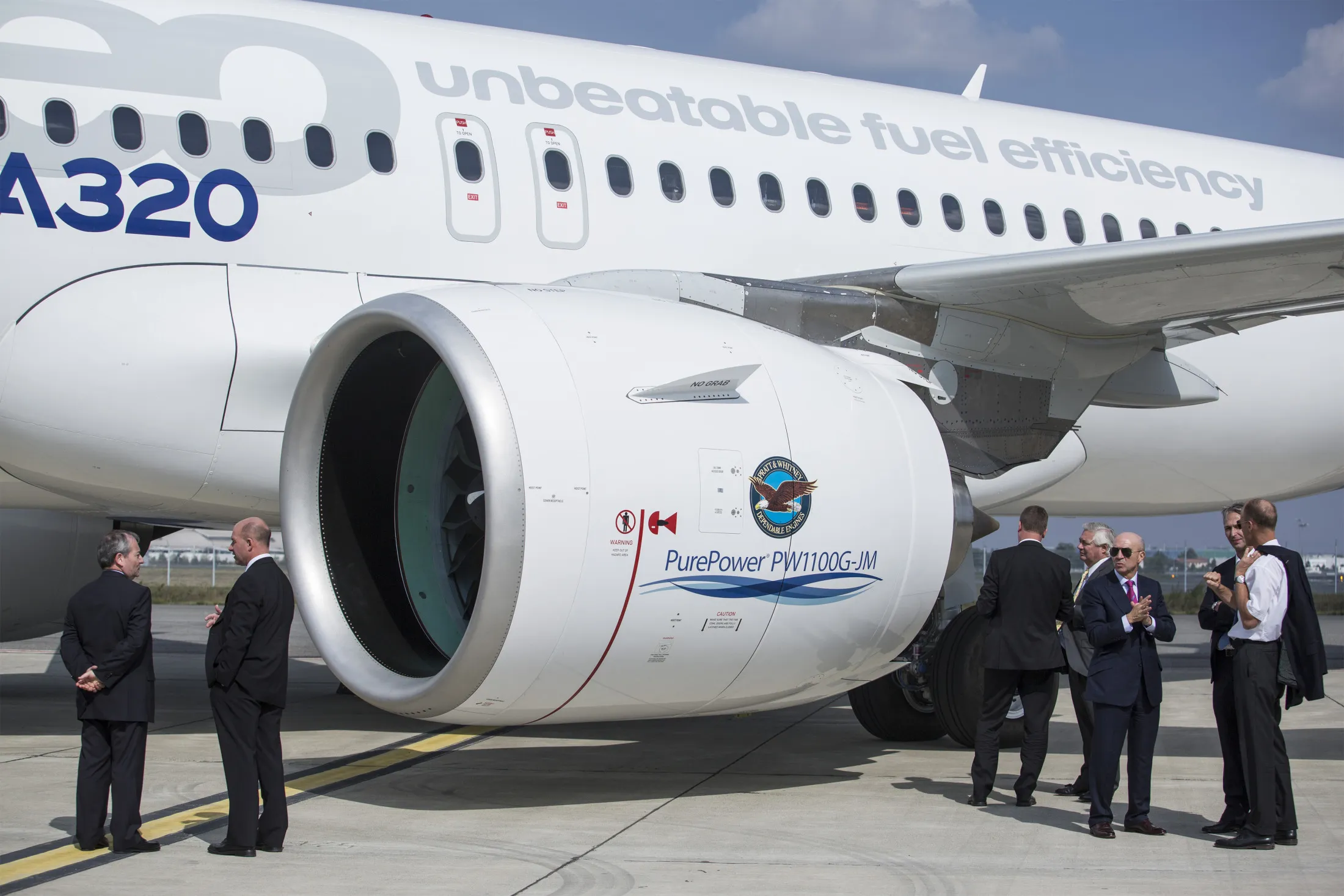 The Pratt & Whitney PurePower PW1100G-JM jet engine of an Airbus A320neo.