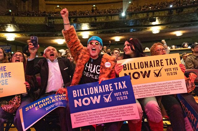 Supporters at a rally for the California Billionaire Tax Act on Feb. 18 in Los Angeles. 