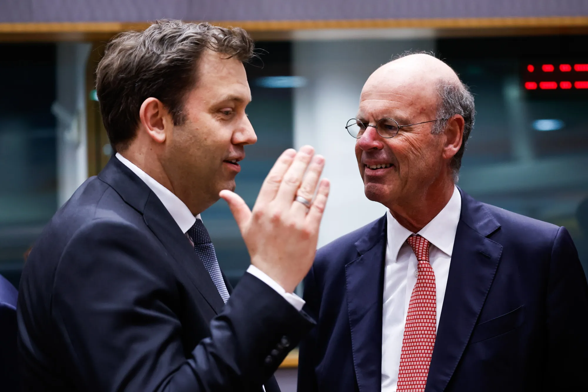 Lars Klingbeil, left, and Eric Lombard, at a Eurogroup meeting in Brussels, Belgium, on&nbsp;May 12.