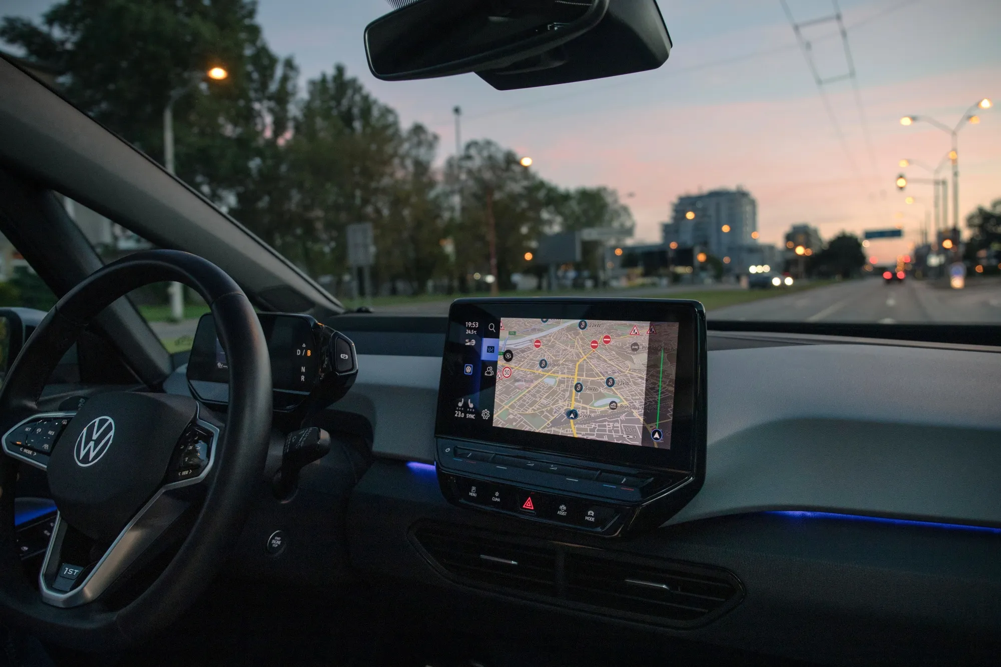 The touchscreen of a Volkswagen ID.3 electric vehicle.