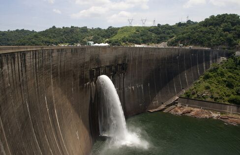 Flood gates on the Kariba Dam between Zimbabwe and Zambia.