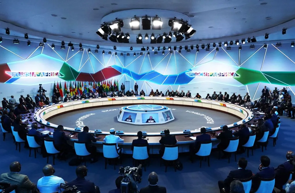 Vladimir Putin and African leaders and heads of delegations in Saint Petersburg, on July 28.&nbsp;