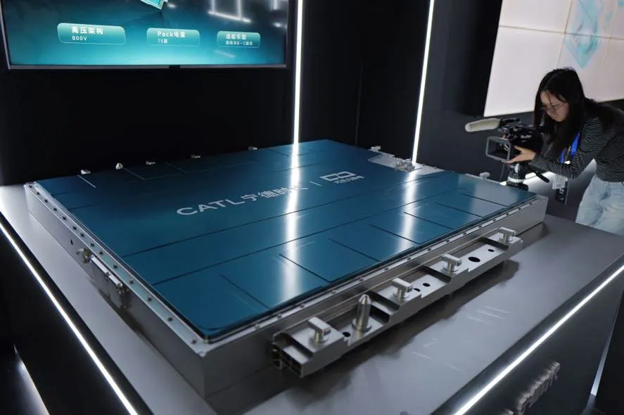 A mock next-generation CATL vehicle battery at a media event in Beijing.