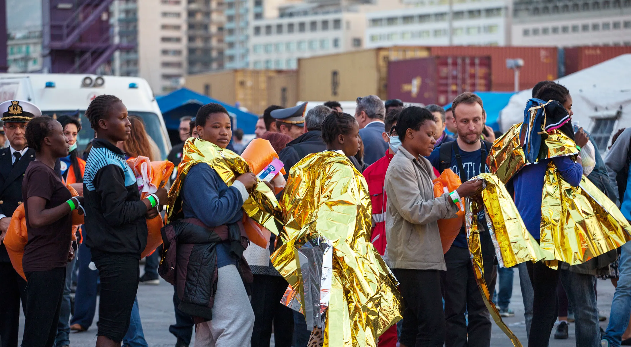 PALERMO, ITALY - 2016/04/13: Approximately 890 migrants have arrived at the port of Palermo, on the military Norwegian ship Siem Pilot. The vessel has been a major transporter of migrants fleeing the Middle East and Africa to Europe.
