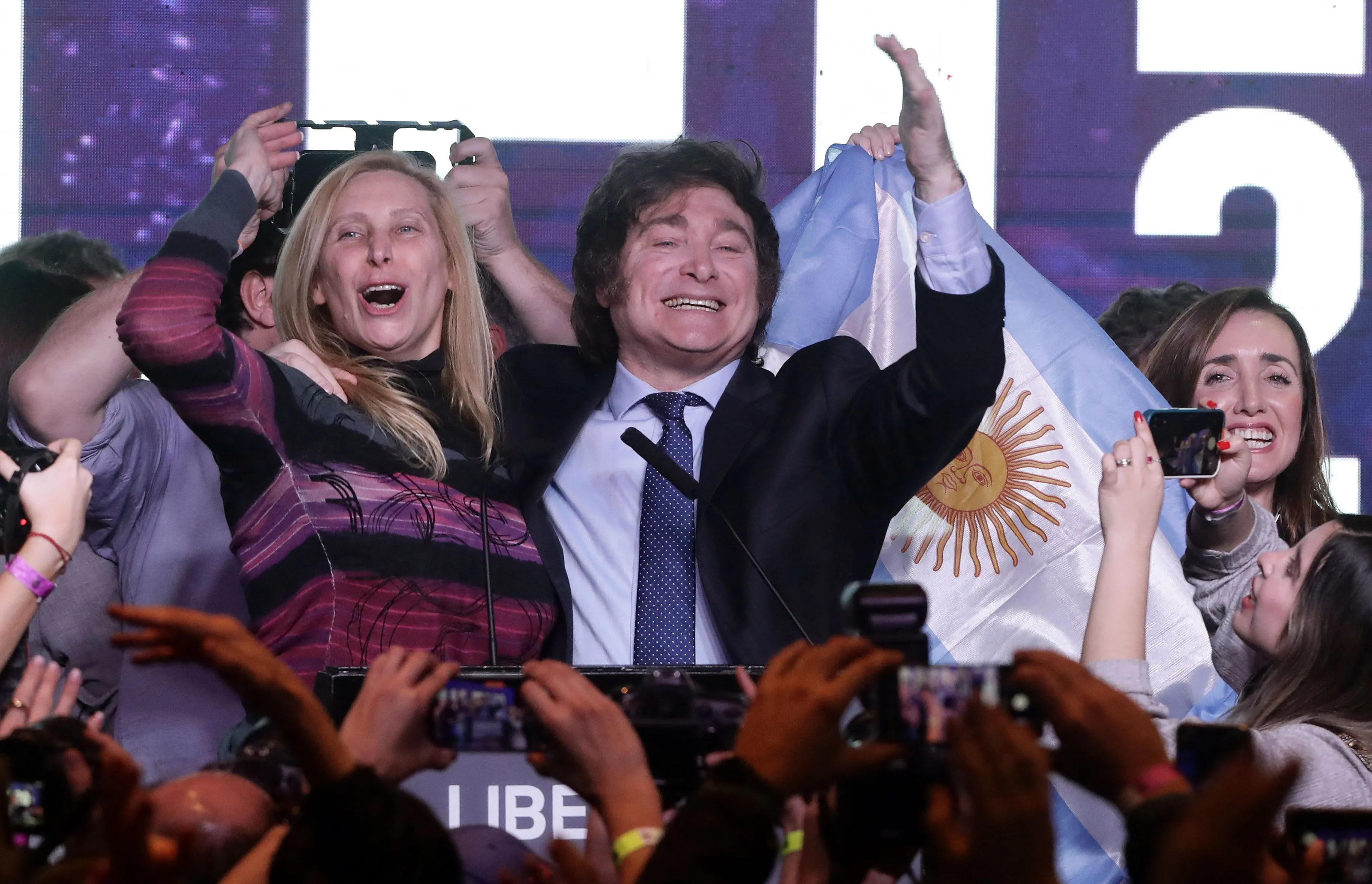 Javier Milei celebrates the results of the primary elections with his sister, Karina.&nbsp;