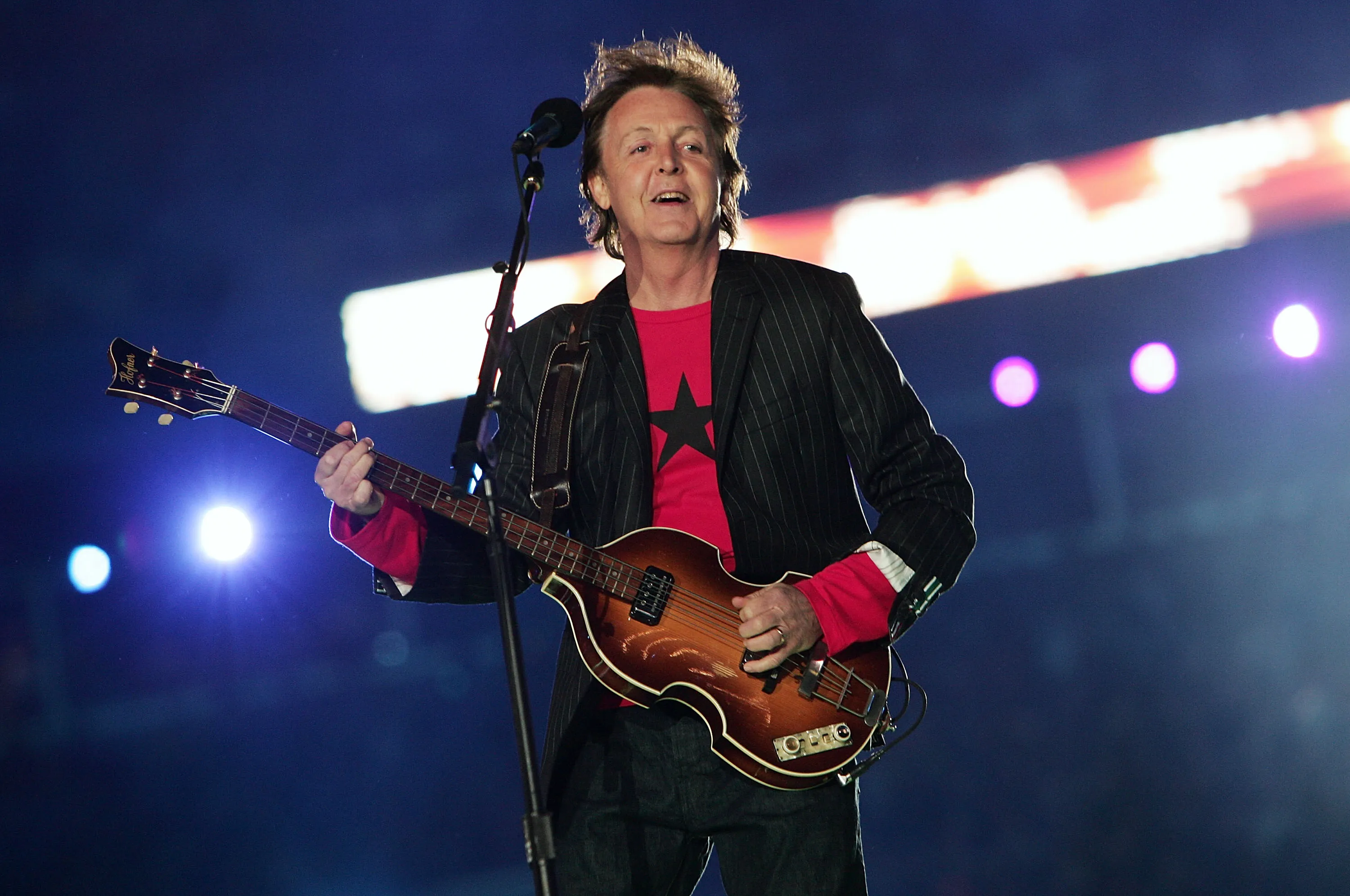 Paul McCartney performs during the Super Bowl&nbsp;halftime show at Alltel Stadium in 2005.&nbsp;