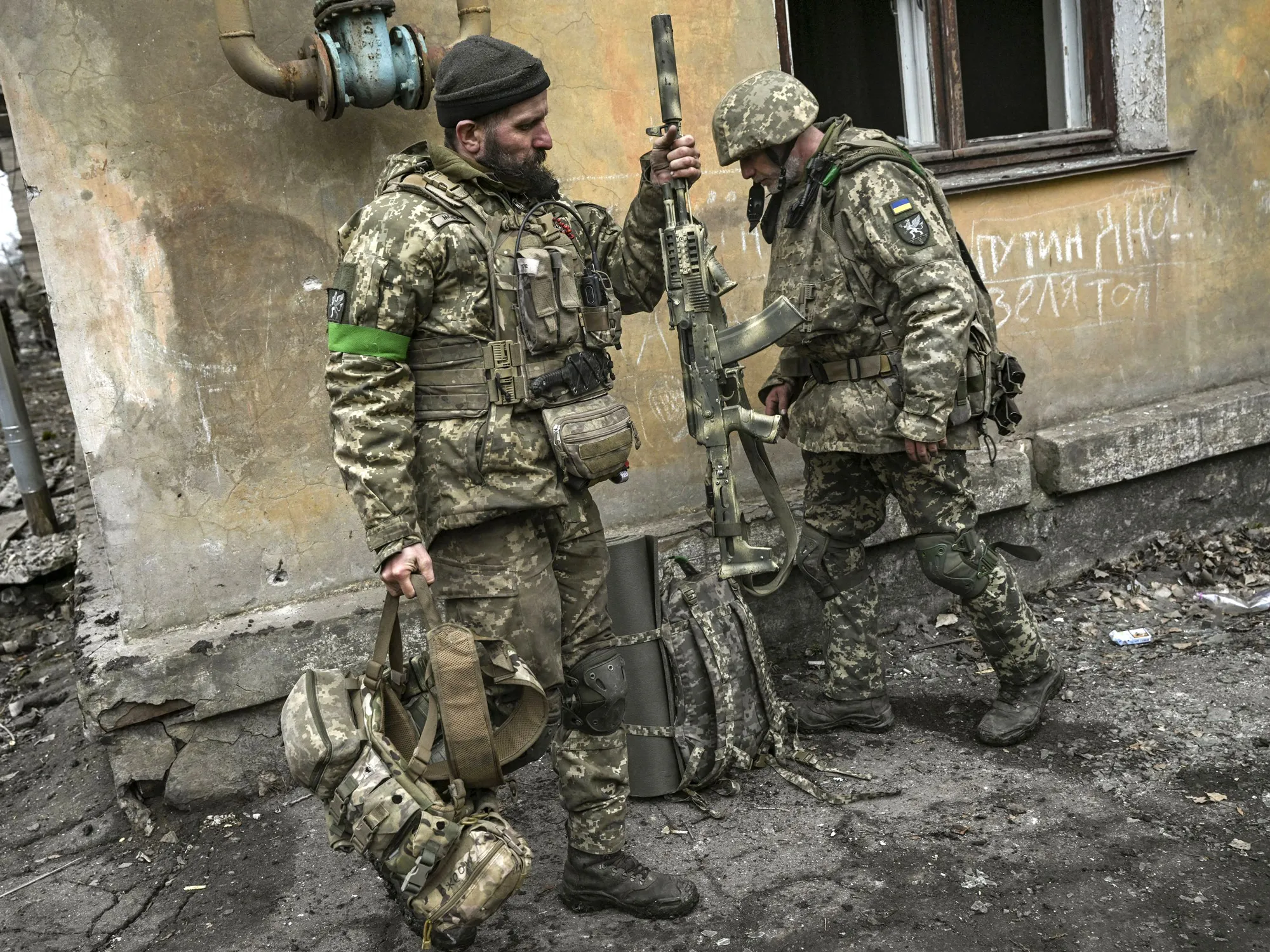Ukrainian servicemen on the front line near Bakhmut, Ukraine.