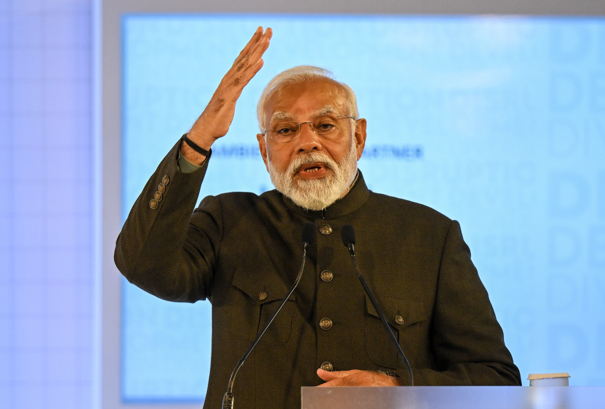 Narendra Modi, India's prime minister, at the Global Business Summit in New Delhi, India, on Friday, Feb. 9, 2024. The summit runs through Feb. 10.