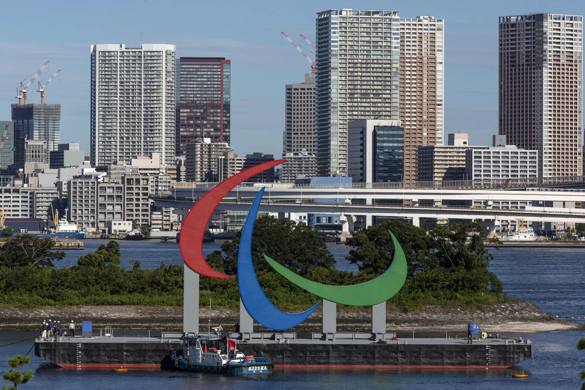 The Paralympic Symbol is installed in the waters near Odaiba Marine Park on Aug. 20.