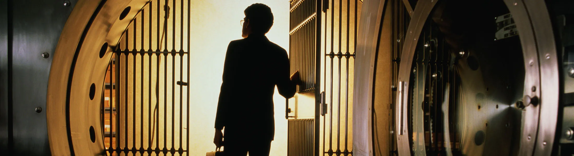 Man with briefcase silhouetted in open door of bank vault